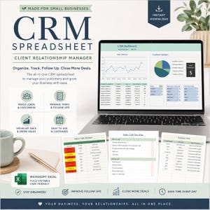 Peut inclure: Un produit numérique de feuille de calcul CRM pour petites entreprises avec un ordinateur portable affichant un tableau de bord, des feuilles imprimées pour le suivi des appels, des listes de contrôle, des contacts, un stylo et une tasse.