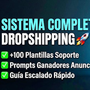 Puede incluir: Una computadora portátil muestra la interfaz "ZERO-STRESS ECOM OS". La pantalla muestra un panel con varias opciones. El texto en español dice "SISTEMA COMPLETO DROPSHIPPING" con características de soporte: "+100 Plantillas de Soporte", "Prompts de Anuncios Ganadores" y "Guía de Escalado Rápido".