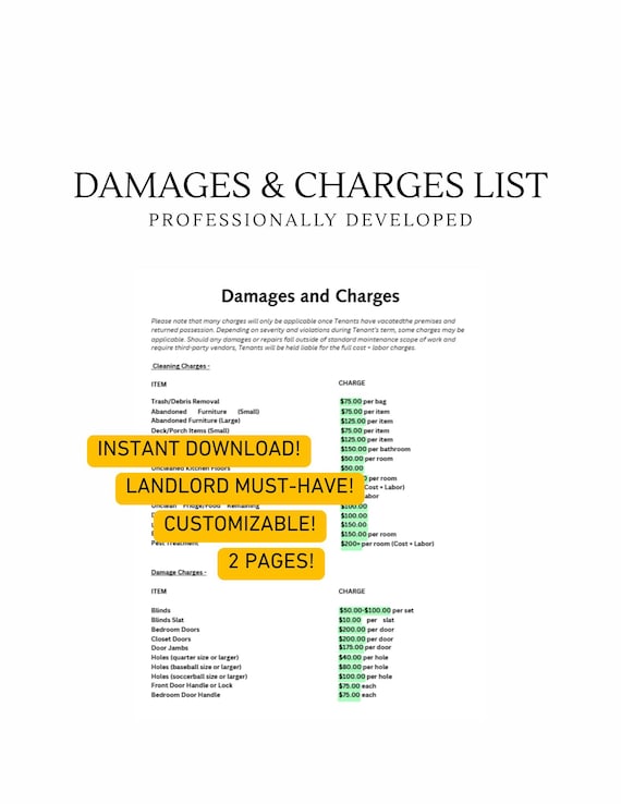 Damage Charge List for Landlords:  Customizable (Instant Download)