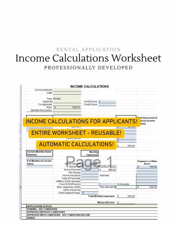 Income Calculation Worksheet for Rental Applicants! Digital Excel Template! (Instant Download)