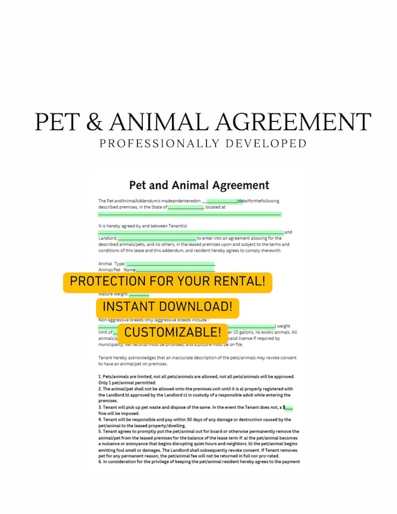 Pet and Animal Lease Agreement for Landlords:  Customizable (Instant Download)