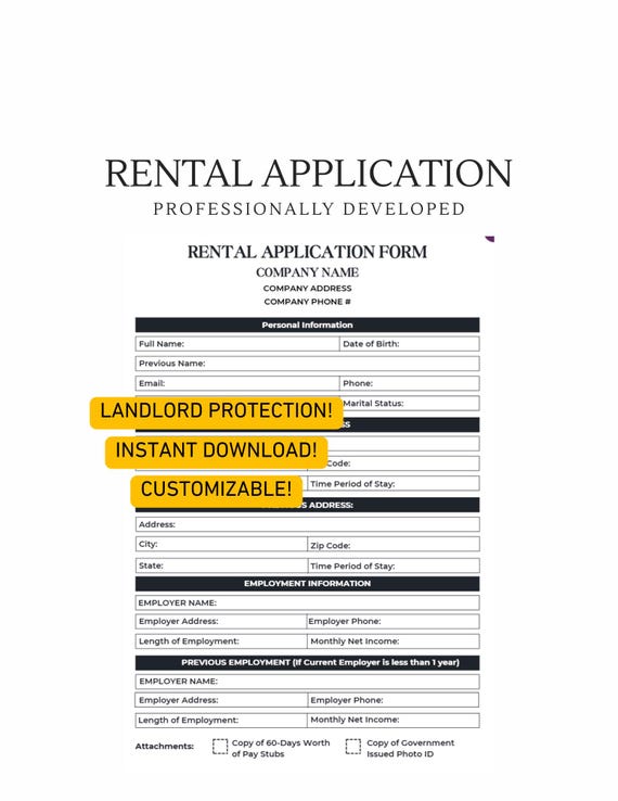Rental Application Form: Landlord Protection, Customizable (Instant Download)