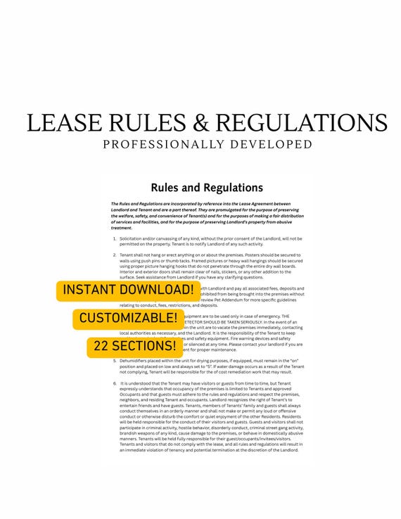Lease Rules and Regulations for Landlords:  Customizable (Instant Download)