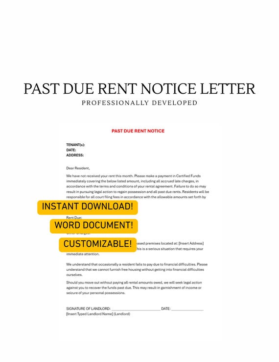 Past Due Rent Notice Letter Template for Landlords! Fully Customizable (Instant Download)