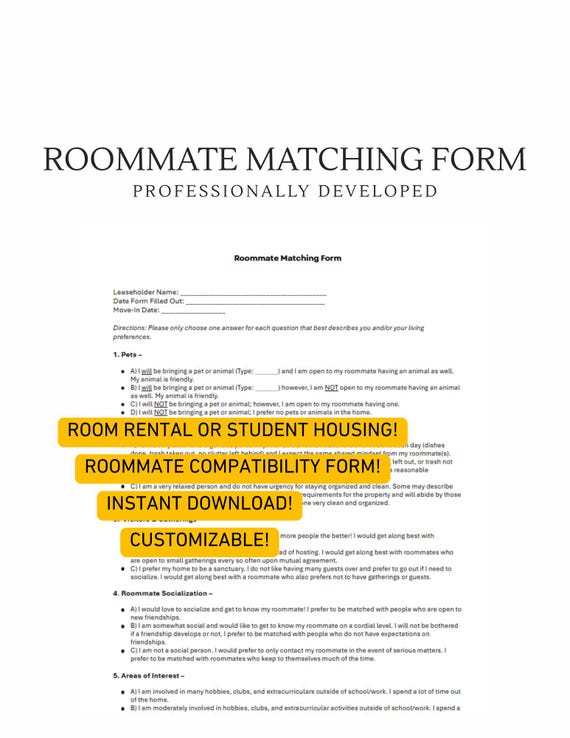 Roommate Matching Form for Rentals and Landlords - Customizable (Instant Download)