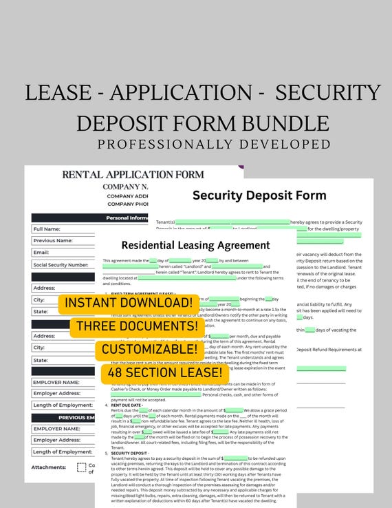 Lease - Security Deposit - Rental Application Forms Bundle for Landlords! (Instant Download - Fully Customizable!)
