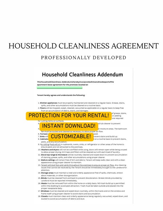 Household Cleaning Agreement for Landlords and Roommates:  Customizable (Instant Download)