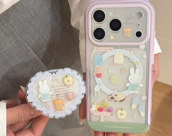 Cute Bunny & Bear MagSafe iPhone-hoesje, pastelkleurige Cottagecore-beschermhoes met kanten hart magnetische pop-socket, iPhone 17 16 15 Pro Max-hoesje