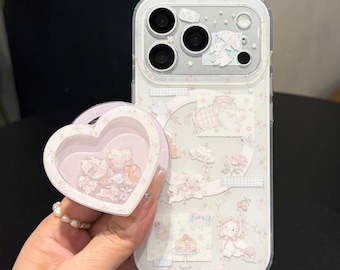 Schattig Coquette Bunny-print MagSafe iPhone-hoesje, roze kawaii-beschermhoes met hartschudder magnetische pop-socket, iPhone 17 16 Pro Max-hoesje