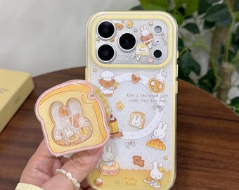 Etui MagSafe na iPhone'a z uroczym nadrukiem króliczka chleba, żółte etui ochronne Kawaii z gniazdem Pop Socket w kształcie tosta, etui na iPhone'a 17 Pro Max, iPhone'a 16