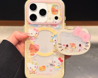 Cute Hello Kitty MagSafe iPhone Case, Yellow Protective Cover with Shaker Magnetic Pop Socket, iPhone 17 Pro Max Case,iPhone 16 Pro Max Case