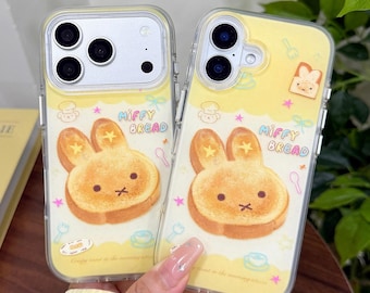 Cute Bunny Bread Print iPhone Case, Yellow Kawaii Protective Cover, iPhone 17 Pro Max Case, iPhone 16 Pro Max Case, iPhone 15 Pro Max Case