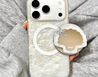 Cute Shell Print MagSafe iPhone Case, Clear Ocean Protective Cover with Shell Mirror Magnetic Pop Socket, iPhone 17 Pro Max Case, iPhone 16