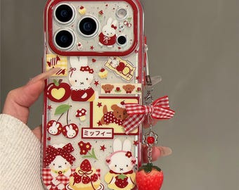 Coque pour iPhone à imprimé lapin rouge, lapin mignon avec porte-clés breloque fraise, coque pour iPhone 17 Pro, coque pour iPhone 17 Pro Max