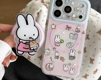 MagSafe iPhone-hoesje met schattige konijntjesprint, roze kawaii-beschermhoes met magnetische pop-socket, iPhone 17 Pro Max-hoesje, iPhone 16 Pro Max-hoesje