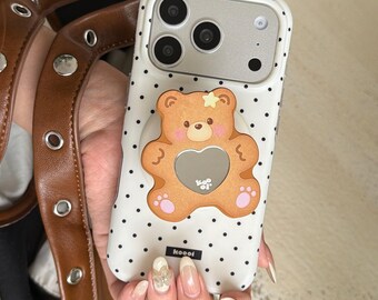 Schattige polkadot Bear Mirror MagSafe iPhone-hoesje, witte beschermhoes met magnetische pop-socket, iPhone 17 Pro Max-hoesje, iPhone 16 Pro-hoesje