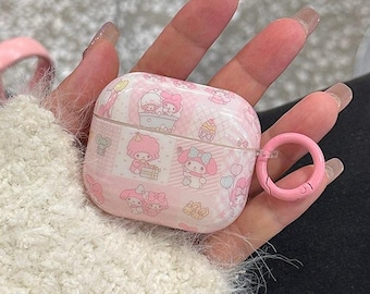 Capa fofa da My Melody para AirPods, capa protetora rosa com estampa quadriculada e alça com pingente de miçangas, capa para AirPods Pro 3, capa para AirPods 3, capa para AirPods 4.