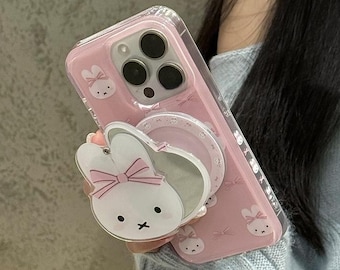 Schattig Coquette Bunny-print MagSafe iPhone-hoesje, roze beschermhoes met spiegel magnetische pop-socket, iPhone 17 Pro Max-hoesje, iPhone 16 Pro