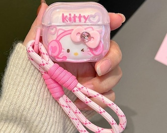 Capa fofa Hello Kitty rosa ondulada para AirPods, capa protetora com laço de diamante e cordão, capa para AirPods Pro 3, capa para AirPods 3, capa para AirPods 4.