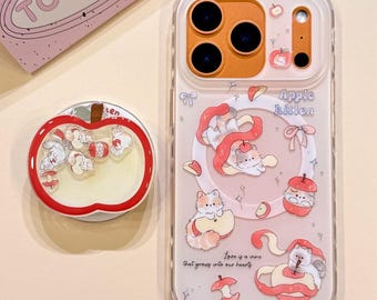 Schattig Apple Kitten MagSafe iPhone-hoesje, beschermhoes met rode magnetische pop-socket voor appelschudder, iPhone 17 Pro Max-hoesje, iPhone 16 Pro-hoesje