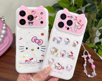 Capa para iPhone com estampa fofa de concha da Hello Kitty, capa protetora 3D com orelhas de gato e alça com pingente de miçangas, capa para iPhone 17 Pro Max, capa para iPhone 16 Pro Max