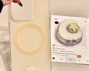 Schattige maanster geel MagSafe iPhone-hoesje, minimalistische kawaii beschermhoes met magnetische pop-socket, iPhone 17 Pro Max-hoesje, iPhone 16 Pro