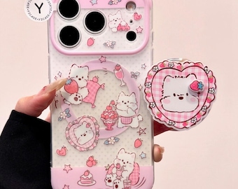 Schattige aardbeipuppy MagSafe iPhone-hoesje, roze beschermhoes met hart magnetisch pop-socket, iPhone 17 Pro Max-hoesje, iPhone 16 Pro-hoesje