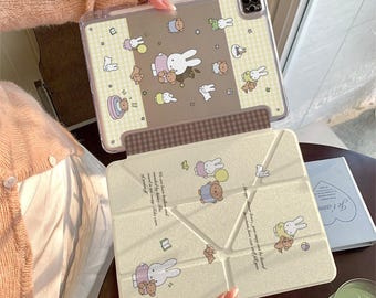 Cute Rabbit & Bear iPad Case with Pencil Holder, Y-Shape Origami Stand for iPad Pro 12.9, iPad Air 4/5 10.9, iPad 10th Gen, Aesthetic Cover