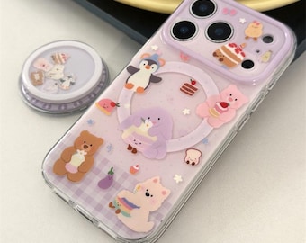 MagSafe iPhone-hoesje met pastelkleurige dierenprint, schattige paarse beschermhoes met magnetische pop-socket shaker, iPhone 17 Pro Max-hoesje, iPhone 17-hoesje
