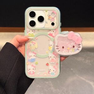 Cute Hello Kitty MagSafe iPhone Case, Mint Green Protective Cover with Shaker Magnetic Pop Socket, iPhone 17 Pro Max Case,iPhone 16 Pro Case