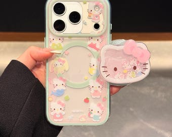 Cute Hello Kitty MagSafe iPhone Case, Mint Green Protective Cover with Shaker Magnetic Pop Socket, iPhone 17 Pro Max Case,iPhone 16 Pro Case