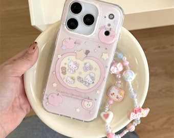 Schattige Hello Kitty roze Apple print iPhone-hoesje, kawaii beschermhoes met kralenriem, iPhone 17 Pro Max-hoesje, iPhone 16 15 Pro Max-hoesje