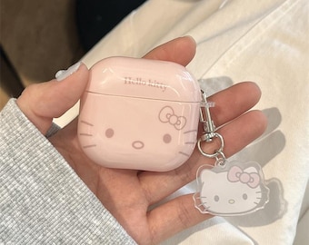 Schattige Hello Kitty pastelroze AirPods-hoes, glanzende beschermhoes met acrylsleutelhanger, AirPods Pro-hoesje, AirPods 3-hoesje, Airpods 4e-hoesje