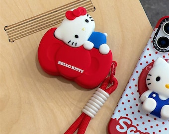 Leuk Hello Kitty AirPods Pro-hoesje, schattige rode siliconen beschermhoes met draagriem, AirPods Pro, AirPods 3, Airpods 4th-hoesje