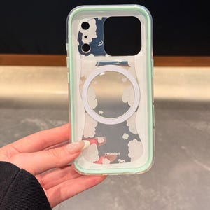 May include: Clear phone case with a mint green border. The case features a design of white clouds and stars on a blue background. The text "yHxiolleH" is printed on the case. The words "Super Cute Case" are in the bottom right corner.