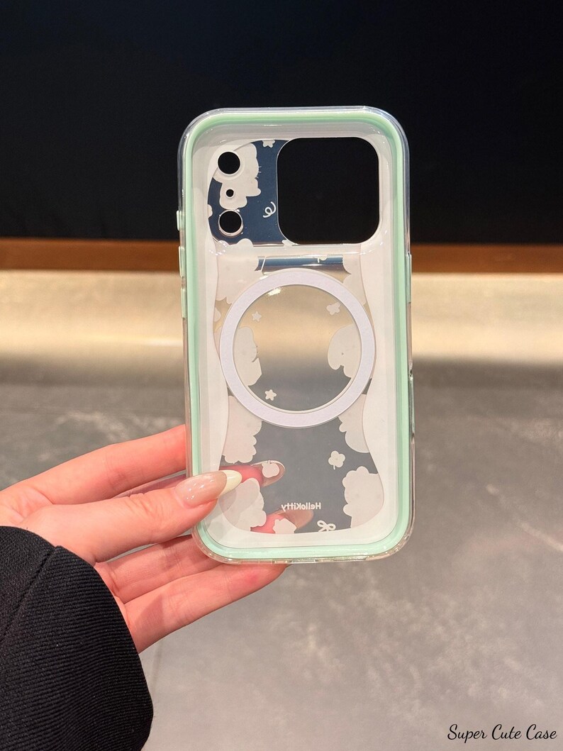May include: Clear phone case with a mint green border. The case features a design of white clouds and stars on a blue background. The text "yHxiolleH" is printed on the case. The words "Super Cute Case" are in the bottom right corner.