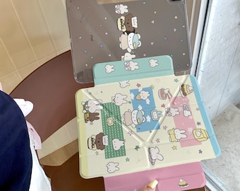 Cute Bunny & Bear Y-Fold Origami Stand, Magnetic Detachable iPad Case with Pencil Holder, iPad Pro 11 13 inch 2026, iPad 11th Gen 2025