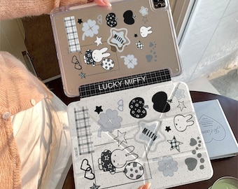Black & White Lucky Bunny Sticker iPad Case, Magnetic Detachable Y-Fold Protective Cover, Transparent Back with Pencil Holder for iPad Air