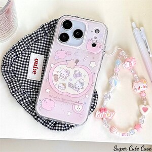 May include: A pink phone case with a Hello Kitty design, featuring an apple shape and various Hello Kitty characters. The case has a clear strap with beads and charms. The text "Super Cute Case" is visible.