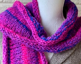 Lightweight bright fluffy wool mix Scarf. Chunky tube scarf. Medium length snug, warm Neck wrap. Electric pink & purple colour Scarf.