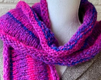 Lightweight bright fluffy wool mix Scarf. Chunky tube scarf. Medium length snug, warm Neck wrap. Electric pink & purple colour Scarf.