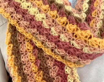 Soft lightweight Scarf. Long, snug, fluffy, lacy crochet scarf. Golden yellows to browns wool mix scarf. Bespoke scarf for any season.