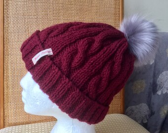 Hat Chunky Wool Cable Knit Baggy Slouch Pom Bobble Beanie Mottled Fleece Lined