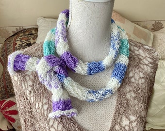 Pretty skinny scarf. Soft & silky scarf. Hand knitted super long tube scarf. Thin scarf. Pastel blues. Bespoke textile neckwear. Lovely gift