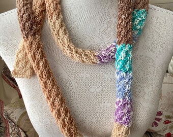 Soft & stylish skinny scarf. Tube scarf. Hand knitted thin scarf. Pastel browns, blue green + lavender. Any season scarf. Bespoke neckwear.