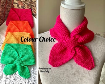 Knitted Ascot bow scarf. 1940s style neck warmer/scarflette. Crossover cowl. One size, child to adult accessory. Colour choice[1-4]