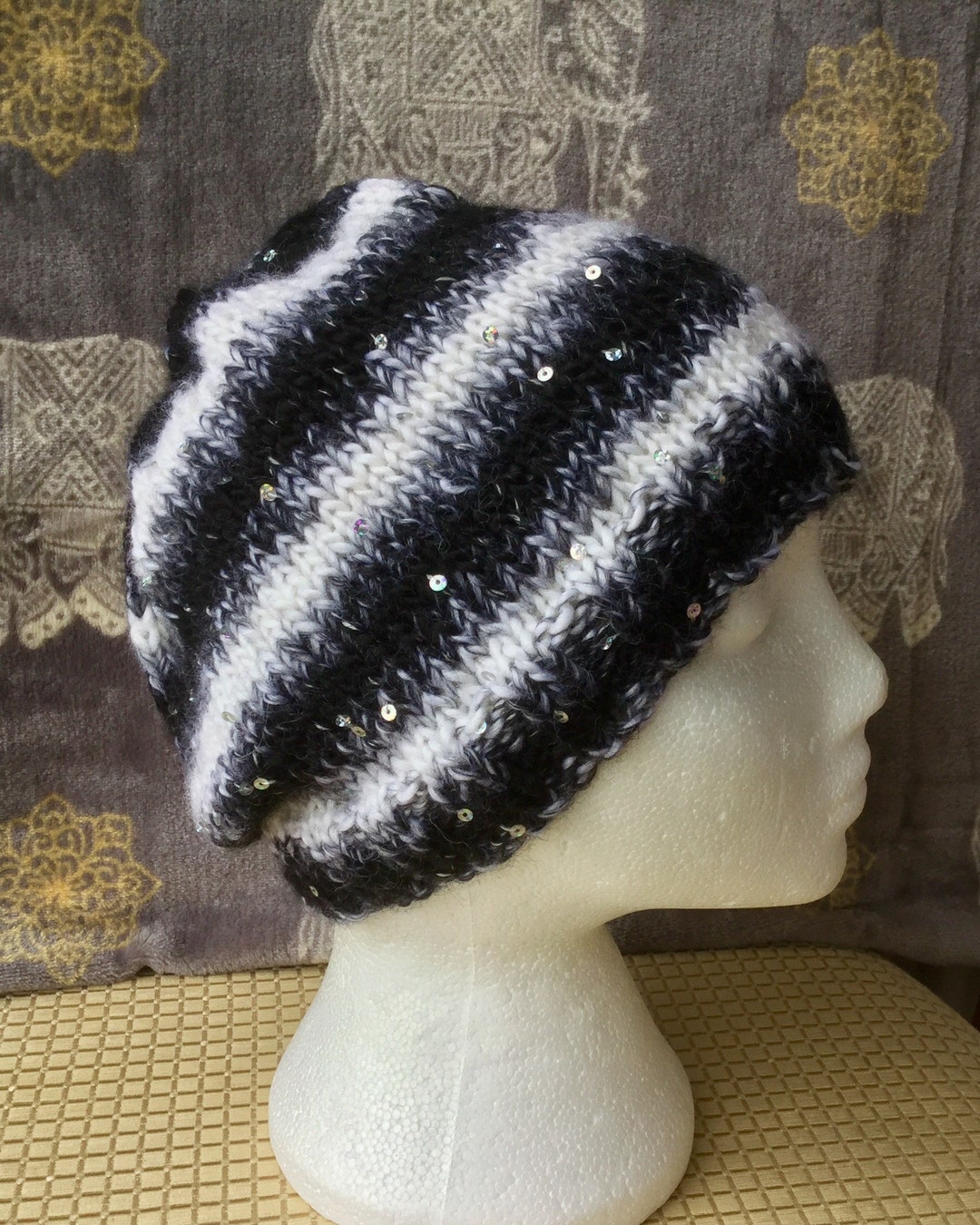 Stylish Black & White Striped Slouchy Hat, Soft, Snug, Hand Knitted