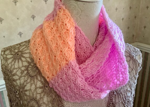 Shimmery pastel pink & orange long cowl. Wrap around lightweight 2 tone neck warmer, Soft, non scratchy knitted scarf. One size.