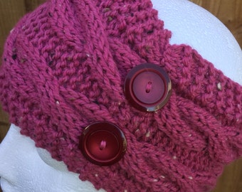 Hand Knit Cable Headband: Rustic Tweed Ear Warmer with Buttons. Aran weight yarn. Adult size. Christmas gift for Mum.