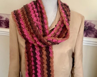 Bespoke soft lightweight scarf. Long, snug, lacy crochet Scarf. Attractive bright pink & brown scarf. Wavy knit scarf. Any season scarf.